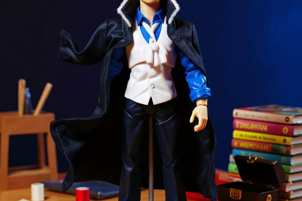 Dark navy-black 1:12 scale fabric coat with fur collar draped on faceless mannequin in dramatic pirate workshop with bold gradient background.