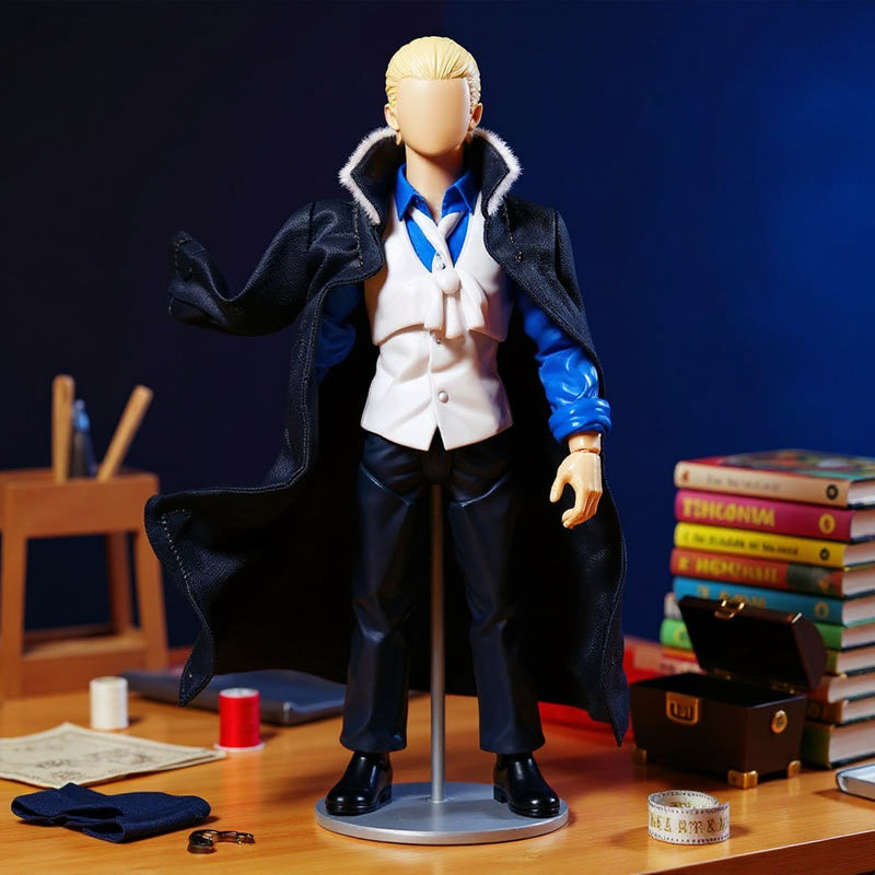 Dark navy-black 1:12 scale fabric coat with fur collar draped on faceless mannequin in dramatic pirate workshop with bold gradient background.