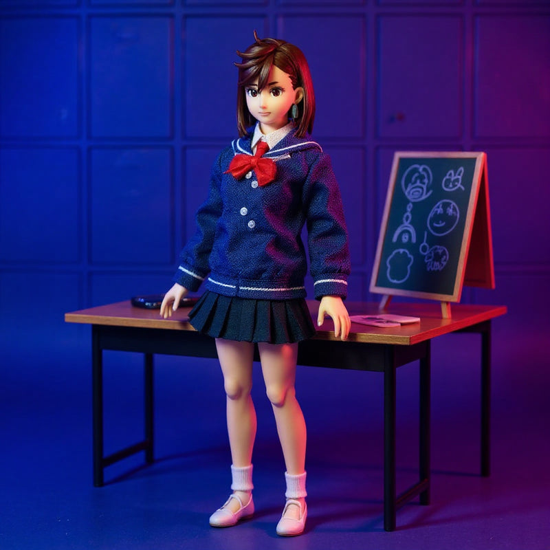 Navy blue and white 1/12 scale school uniform outfit on a headless action figure body, displayed at a miniature classroom desk with chalkboard and backpack, bold gradient background.