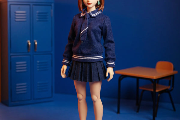 Navy blue and white 1/12 scale school uniform outfit on a faceless mannequin in a bold miniature classroom diorama with lockers, desk, and backpack, against a blue-orange gradient background.