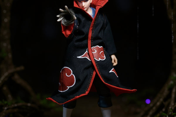Black Akatsuki cloak on 1/12 action figure in ruined village with purple LED rain lighting.