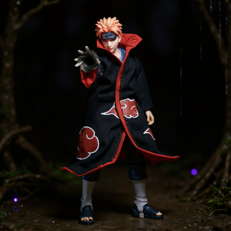 Black Akatsuki cloak on 1/12 action figure in ruined village with purple LED rain lighting.
