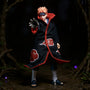 Black Akatsuki cloak on 1/12 action figure in ruined village with purple LED rain lighting.
