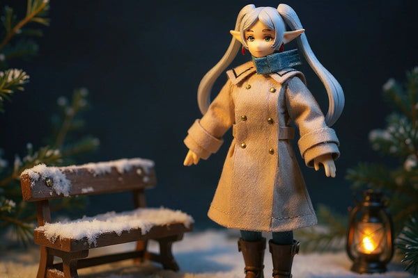 Miniature wool-textured winter coat with fur-trimmed hood and suitcase on a snow-dusted bench with lantern and pine sprigs, bold blue and amber background.
