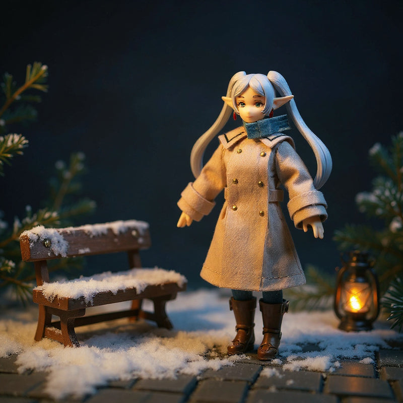 Miniature wool-textured winter coat with fur-trimmed hood and suitcase on a snow-dusted bench with lantern and pine sprigs, bold blue and amber background.