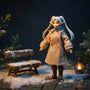 Miniature wool-textured winter coat with fur-trimmed hood and suitcase on a snow-dusted bench with lantern and pine sprigs, bold blue and amber background.