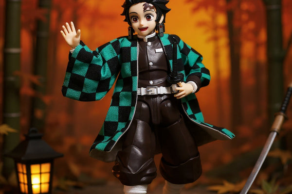Dark green and black checkered haori cloak on miniature action figure in dramatic bamboo forest scene with autumn leaves and lantern, bold crimson gradient background.