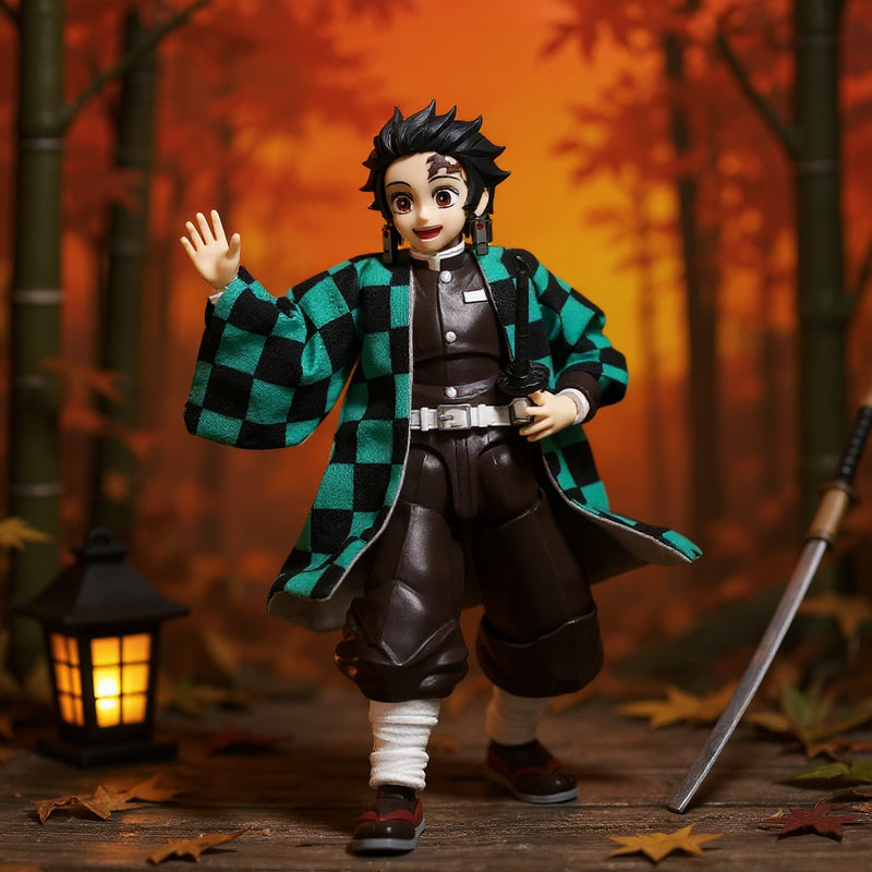 Dark green and black checkered haori cloak on miniature action figure in dramatic bamboo forest scene with autumn leaves and lantern, bold crimson gradient background.
