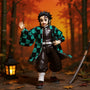Dark green and black checkered haori cloak on miniature action figure in dramatic bamboo forest scene with autumn leaves and lantern, bold crimson gradient background.