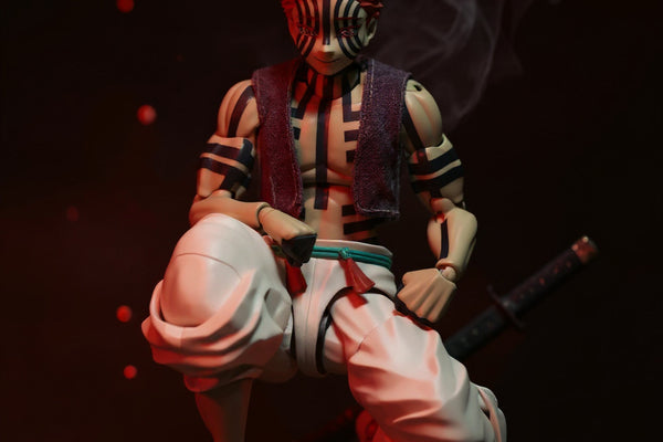 Dark reddish-purple 1/12 scale cloth vest on mannequin torso with miniature katana in demon-themed red-lit diorama