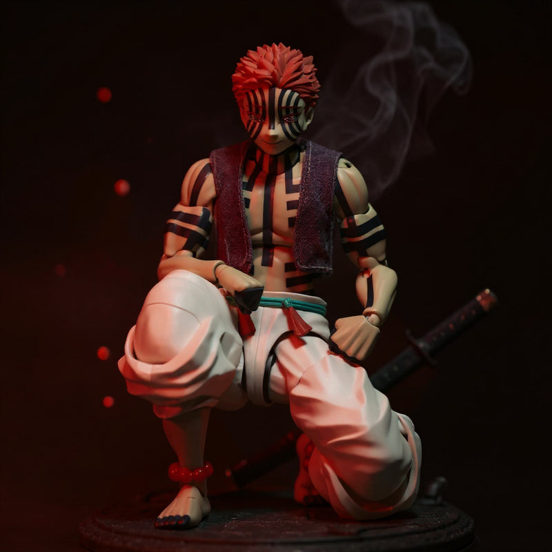 Dark reddish-purple 1/12 scale cloth vest on mannequin torso with miniature katana in demon-themed red-lit diorama