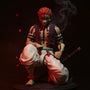 Dark reddish-purple 1/12 scale cloth vest on mannequin torso with miniature katana in demon-themed red-lit diorama