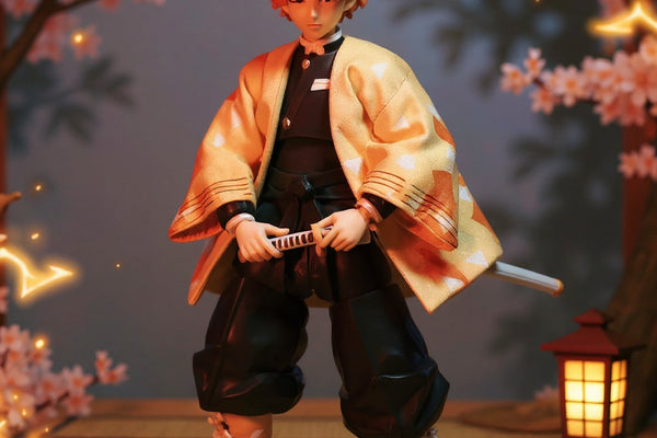 Soft fabric pale yellow haori with orange triangles on a headless figure, with katana, lantern, tatami, and cherry blossoms.