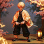 Soft fabric pale yellow haori with orange triangles on a headless figure, with katana, lantern, tatami, and cherry blossoms.