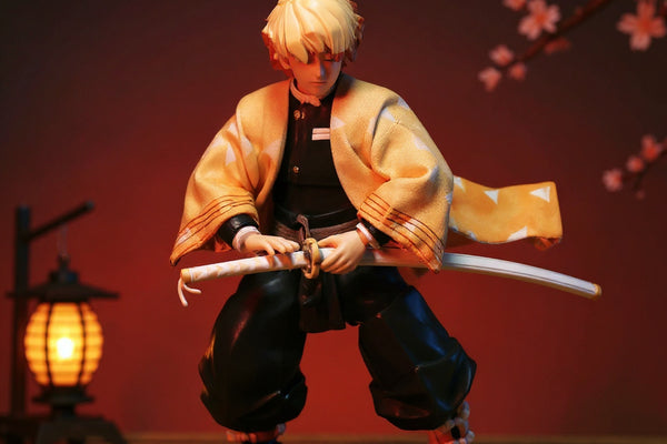 Soft fabric pale yellow haori with orange triangle pattern on a posable 12-inch action figure in a Japanese-themed scene with cherry blossoms and lantern.