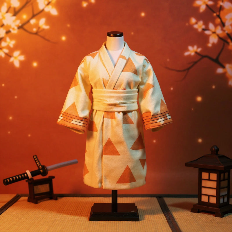 Pale yellow haori cloak with orange triangles on headless action figure torso, cherry blossom and Japanese lantern background