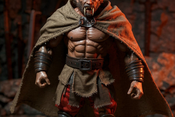 1/12 scale gladiator action figure wearing a hand-stitched earthy brown fabric cape with wire-shaped dynamic hem, posed in a stone arena with miniature weapons and dramatic crimson-orange lighting.