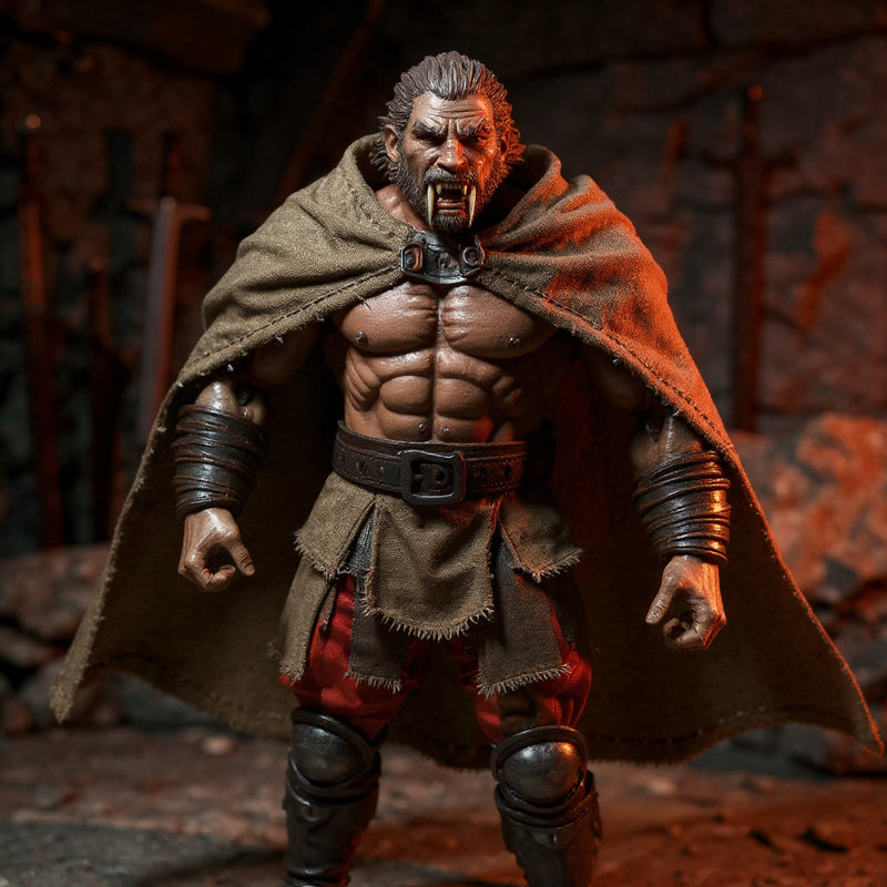 1/12 scale gladiator action figure wearing a hand-stitched earthy brown fabric cape with wire-shaped dynamic hem, posed in a stone arena with miniature weapons and dramatic crimson-orange lighting.