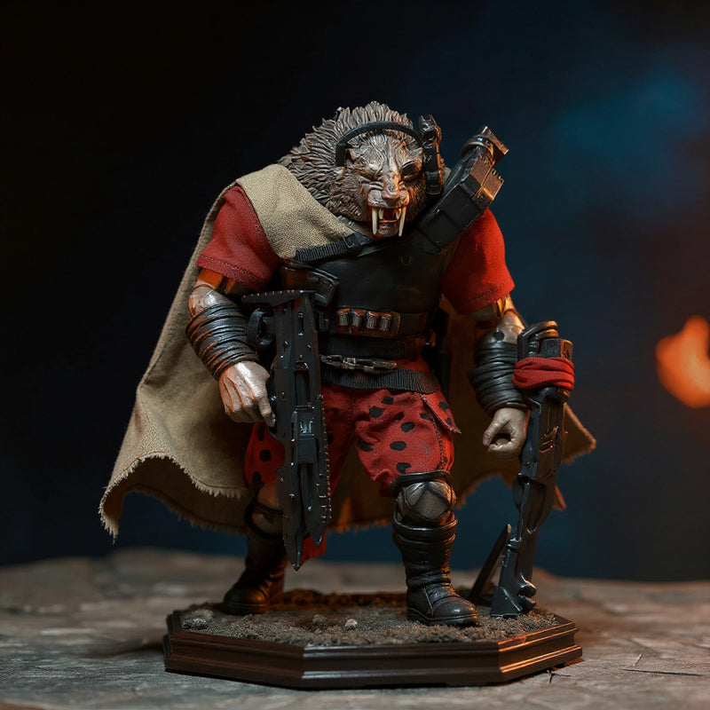 Flowing earthy brown fabric cape on gladiator action figure torso in a stone arena with weapons and mossy wooden base under dramatic side lighting.