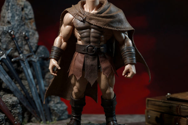 Flowing muted brown fabric cape on 1/12 gladiator action figure torso posed in stone arena with miniature weapons and mossy wooden base, dramatic red gradient background.