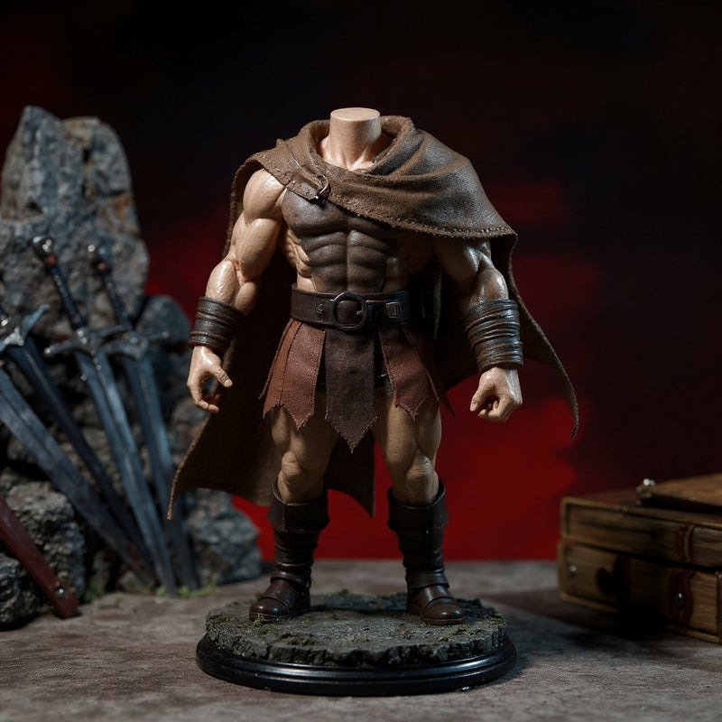 Flowing muted brown fabric cape on 1/12 gladiator action figure torso posed in stone arena with miniature weapons and mossy wooden base, dramatic red gradient background.