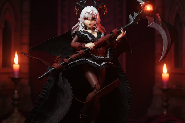 Dark fabric cape with wire-shaped silhouette draped on a 1/12 female action figure, set against a gothic castle backdrop with candlelight and dark velvet cloth, wide shot with dramatic purple and crimson gradient lighting.