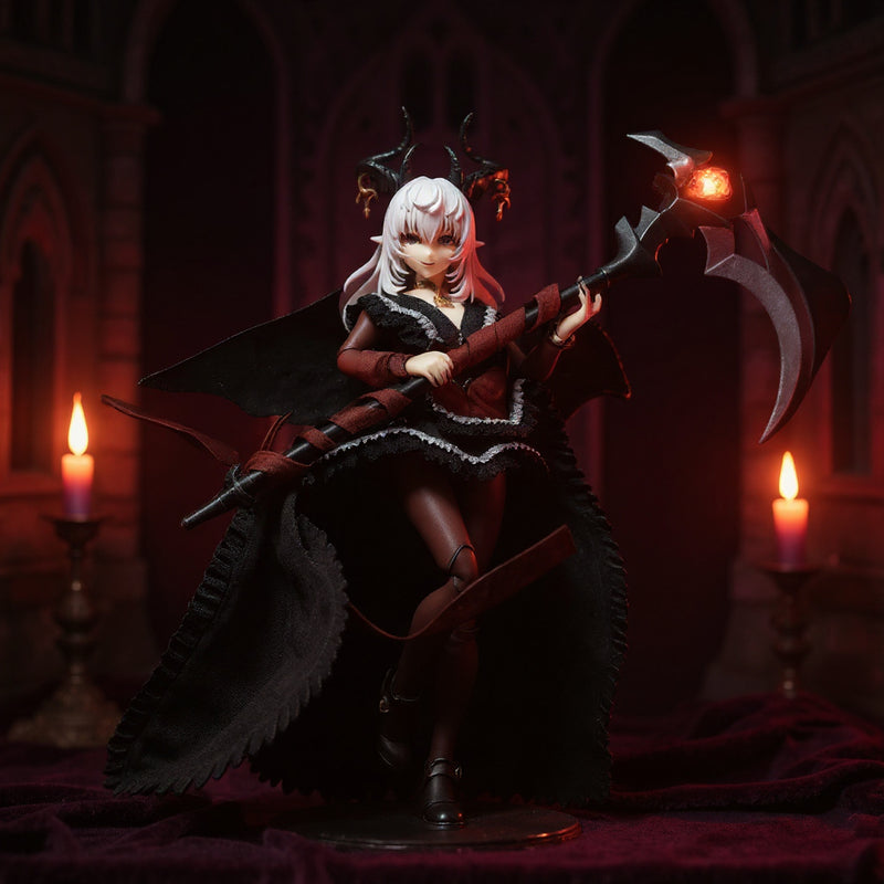 Dark fabric cape with wire-shaped silhouette draped on a 1/12 female action figure, set against a gothic castle backdrop with candlelight and dark velvet cloth, wide shot with dramatic purple and crimson gradient lighting.