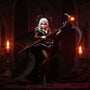 Dark fabric cape with wire-shaped silhouette draped on a 1/12 female action figure, set against a gothic castle backdrop with candlelight and dark velvet cloth, wide shot with dramatic purple and crimson gradient lighting.