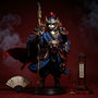 Flowing Chinese-style cloth cape and cloak set in deep red, black, and gold draped over a small stand, surrounded by traditional Chinese props, dramatic lighting and fog.