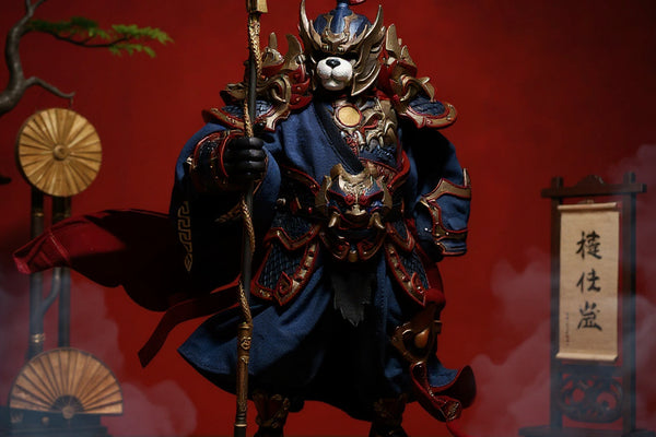 Flowing Chinese-style deep red, black, and gold cape cloak set on a 7-inch figure stand, with bamboo, fan, lantern, unmarked scroll, tassels, and fog, on a bold red and gold gradient background.