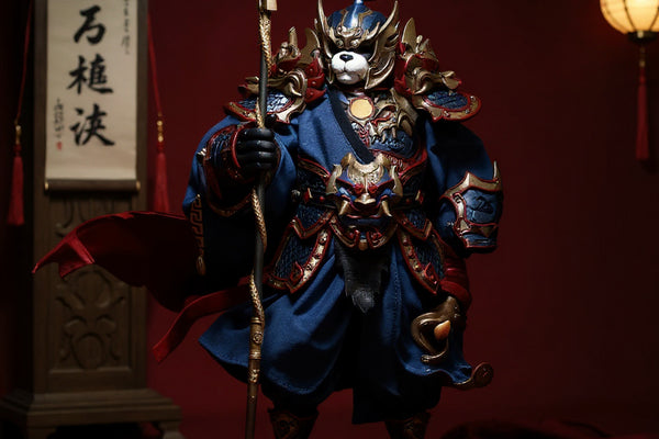 Flowing Chinese-style cape and cloak set in red, black, and gold draped on a stand, with wooden stand, paper lantern, and red tassels, dramatic lighting.