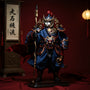 Flowing Chinese-style cape and cloak set in red, black, and gold draped on a stand, with wooden stand, paper lantern, and red tassels, dramatic lighting.