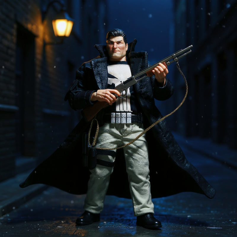 Black fabric trench coat with hand-stitching on action figure in dynamic pose under urban alley rain with street lamp
