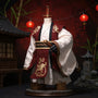 Chinese-style cloth cape with layered fabric and gold accents draped on a small figure frame, set against a bold red-to-black gradient background with miniature pavilion, bamboo, and red lanterns, dramatic lighting.