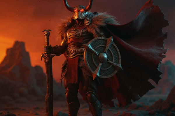 Weathered tan barbarian cape with fur trim on action figure posed windswept in rocky desert ruins, dramatic high-contrast sunset backdrop.