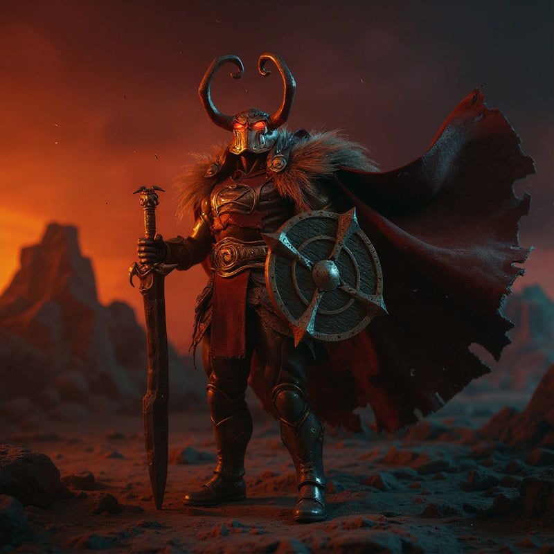 Weathered tan barbarian cape with fur trim on action figure posed windswept in rocky desert ruins, dramatic high-contrast sunset backdrop.