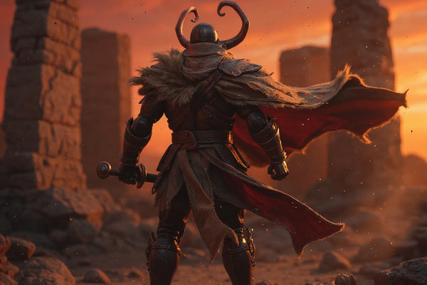 Weathered barbarian cape on action figure with dynamic windswept pose against ancient ruins and torchlight.
