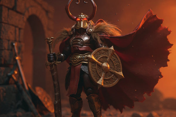 Weathered tan/brown barbarian wire cape on a 6-inch action figure body posed dynamically in ancient stone ruins with torchlight and dusty wind, bold crimson and amber background.