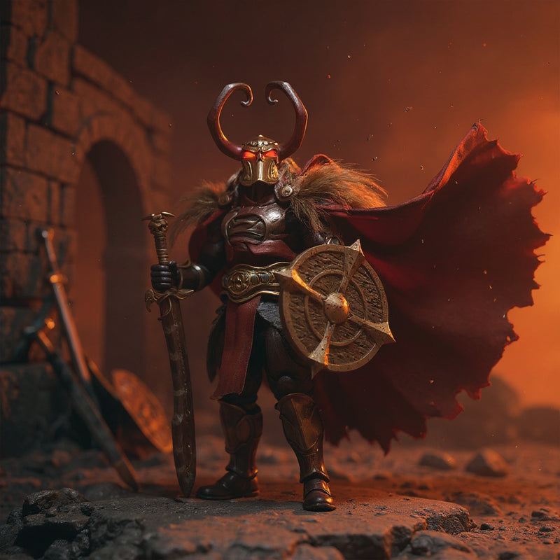 Weathered tan/brown barbarian wire cape on a 6-inch action figure body posed dynamically in ancient stone ruins with torchlight and dusty wind, bold crimson and amber background.