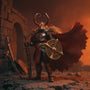 Weathered tan/brown barbarian wire cape on a 6-inch action figure body posed dynamically in ancient stone ruins with torchlight and dusty wind, bold crimson and amber background.