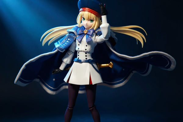 Deep blue and white wire-frame action figure cape on a miniature stand with sword, dramatic lighting.