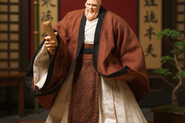 Multi-layer scholar robe on action figure with ancient Chinese scholar props, bold red gradient background