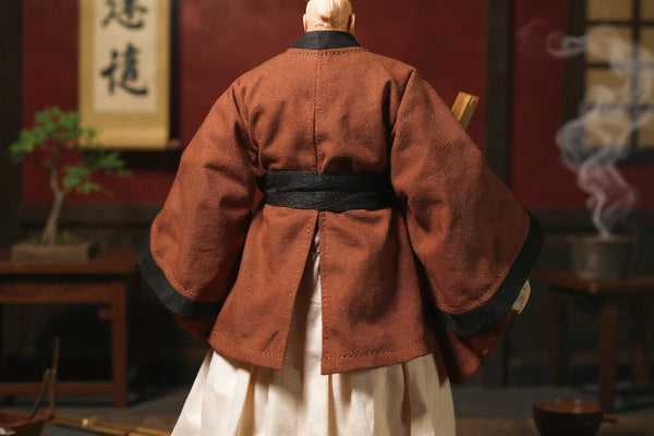 Handmade Chinese scholar robe action figure costume on 7-inch body, back view, surrounded by ancient scholar's desk props, bold red and gold backdrop.