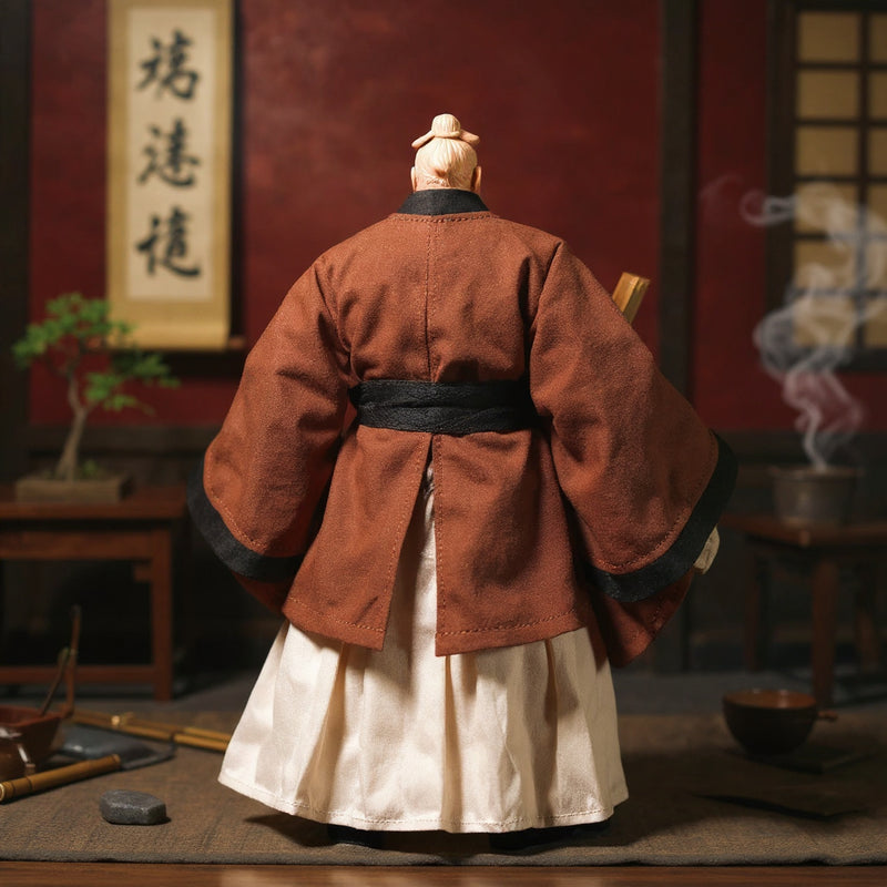 Handmade Chinese scholar robe action figure costume on 7-inch body, back view, surrounded by ancient scholar's desk props, bold red and gold backdrop.
