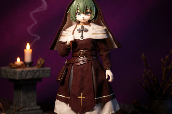 Fantasy priestess-style robe on small articulated figure displayed on miniature stone altar with candles and incense smoke against deep purple gradient background.