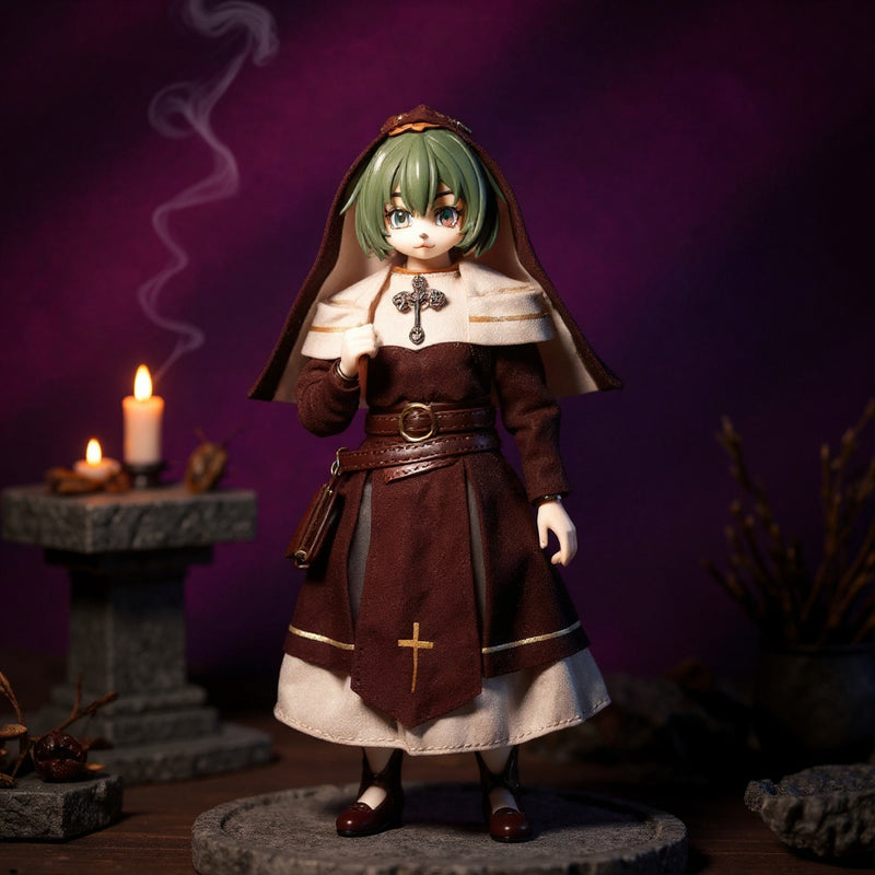 Fantasy priestess-style robe on small articulated figure displayed on miniature stone altar with candles and incense smoke against deep purple gradient background.
