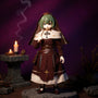 Fantasy priestess-style robe on small articulated figure displayed on miniature stone altar with candles and incense smoke against deep purple gradient background.