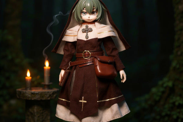 Priestess robe on 1/12 action figure in mossy forest altar scene