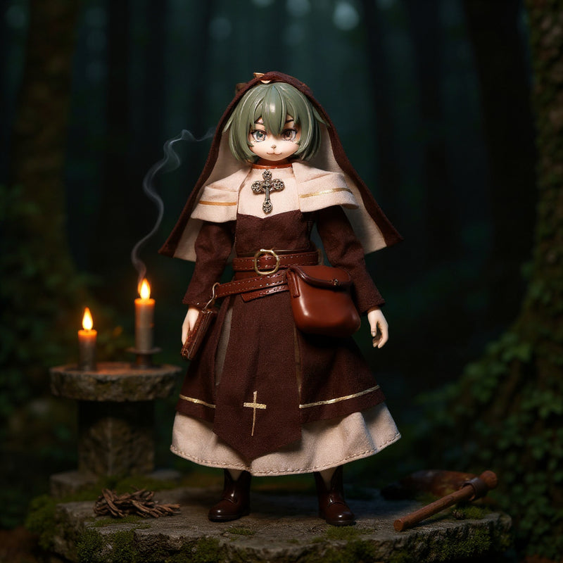 Priestess robe on 1/12 action figure in mossy forest altar scene