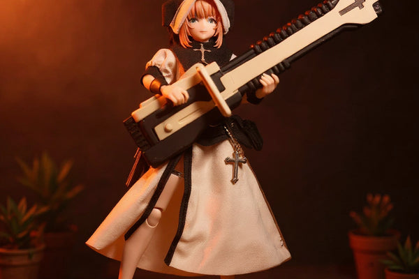 Miniature 1/12 scale cloth outfit with layered skirt and top in muted natural tones on a figure, displayed on a wooden shelf with potted plants against a bold gradient background.